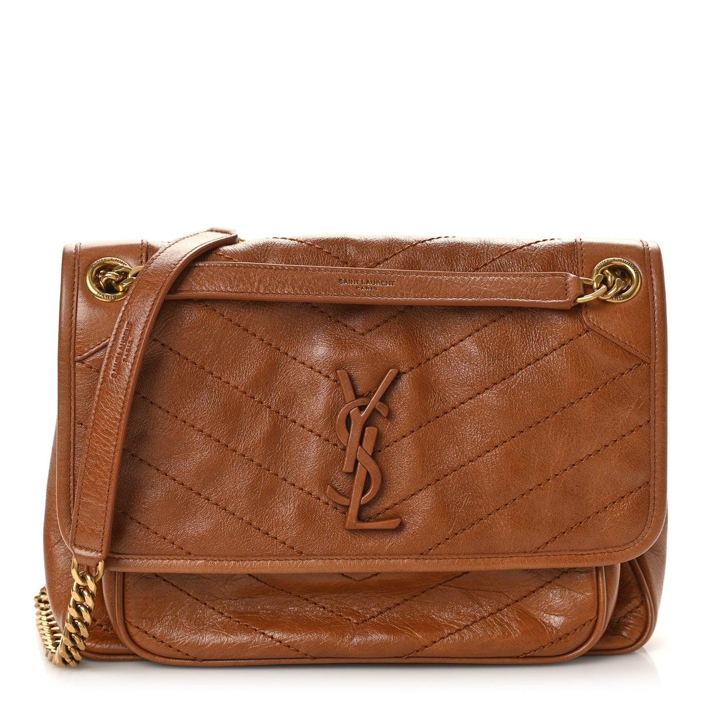 Crinkled Calfskin Matelasse Monogram Medium Niki Chain Satchel Caramel