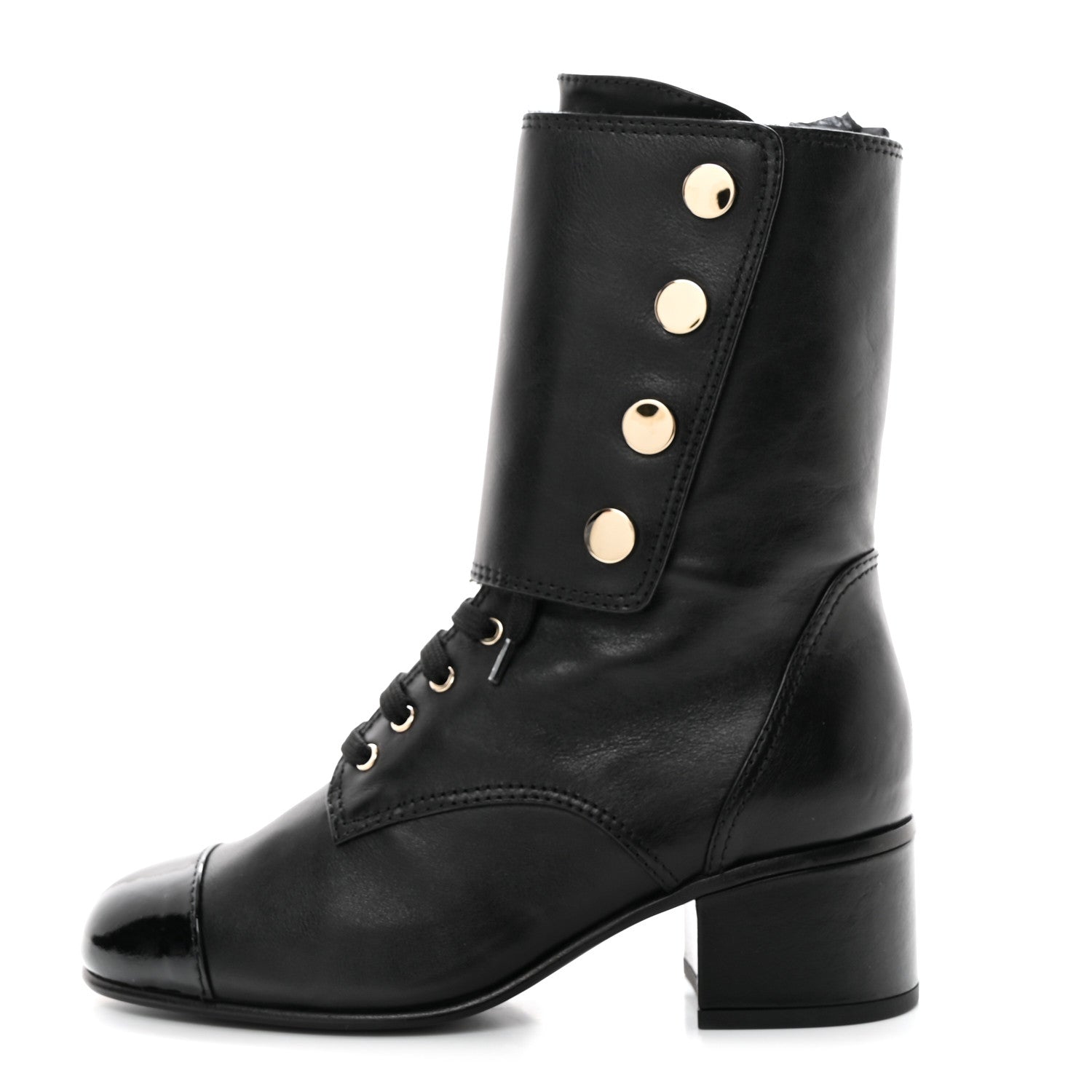 Chanel Calfskin Patent Cap Toe CC Lace Up Boots 38.5 Black 1 of 8