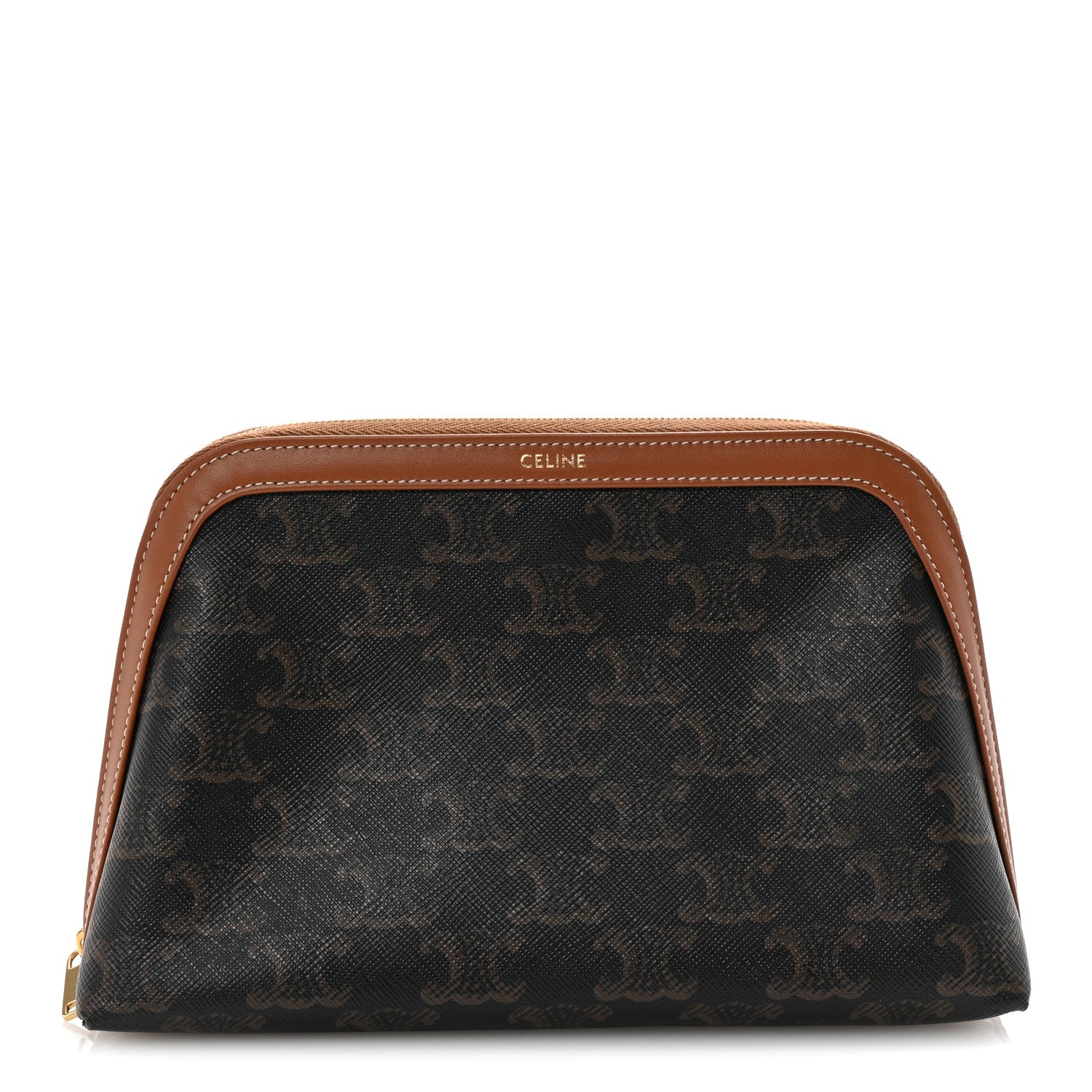 Celine Triomphe Canvas Calfskin Medium Cosmetic Pouch Tan 1 of 6