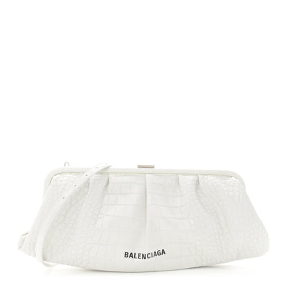 Balenciaga Shiny Supple Calfskin Logo Crocodile Embossed XL Cloud Clutch White 1 of 14