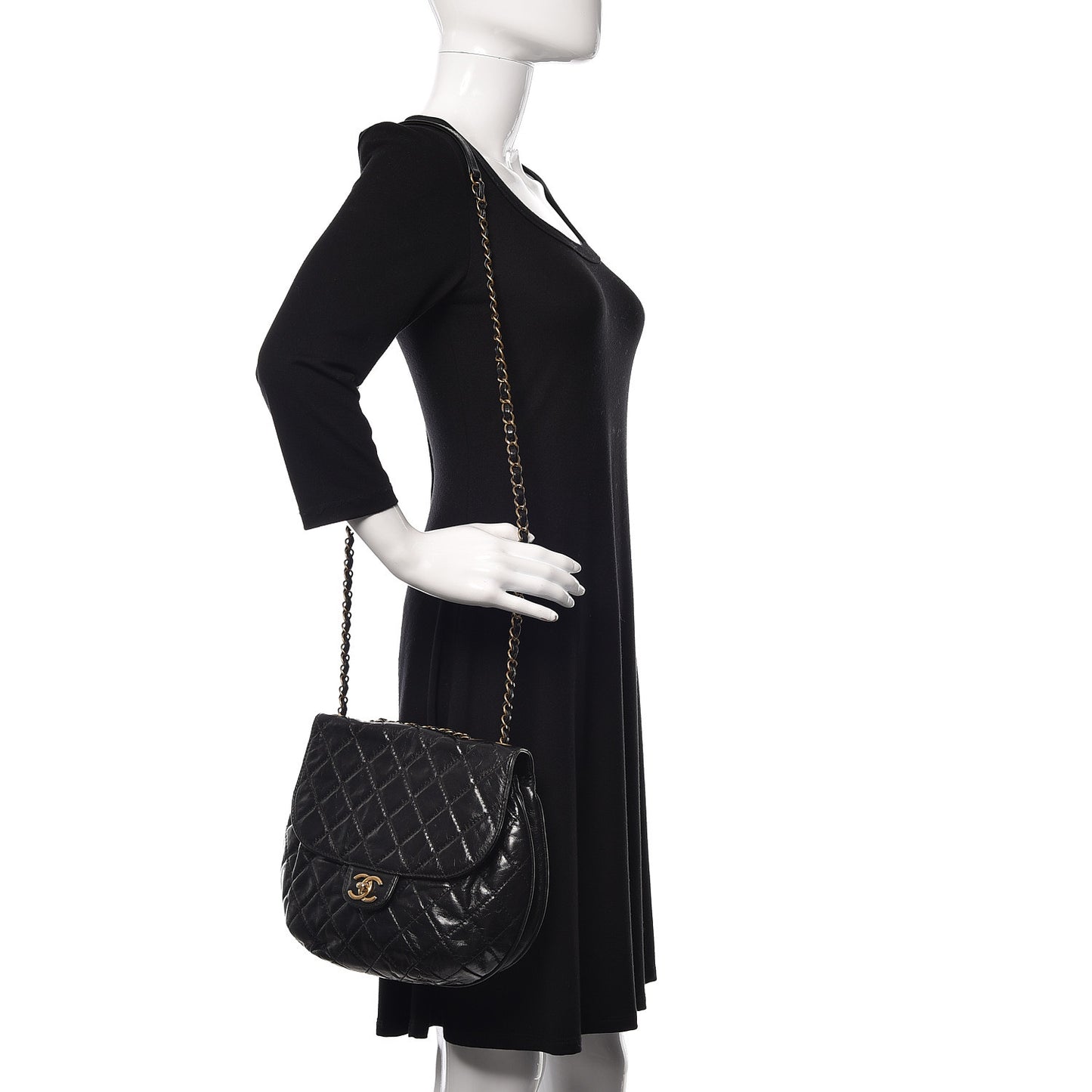 Glazed Calfskin Quilted Medium Bubble CC Flap Black