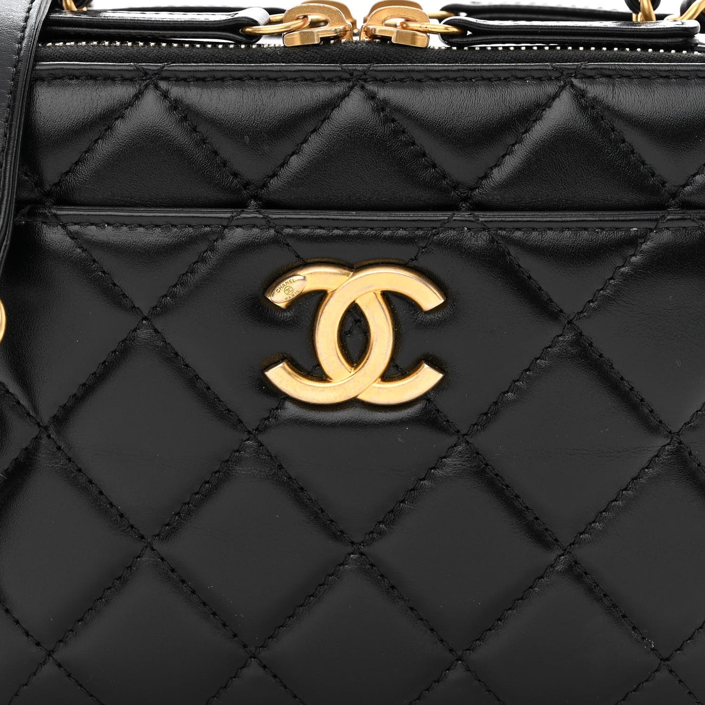 Shiny Calfskin Quilted Top Handle Vanity Black
