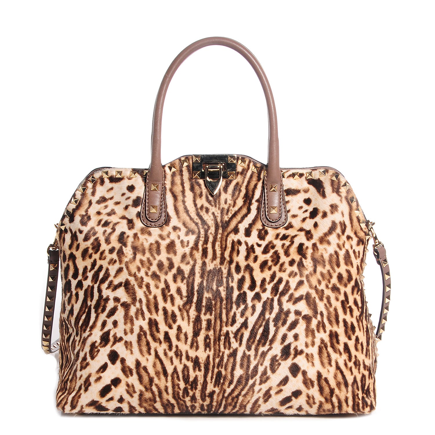 Valentino Garavani Calf Hair Cavallino Animal Rockstud Dome Satchel Leopard 1 of 9