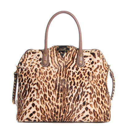 Valentino Garavani Calf Hair Cavallino Animal Rockstud Dome Satchel Leopard 1 of 9