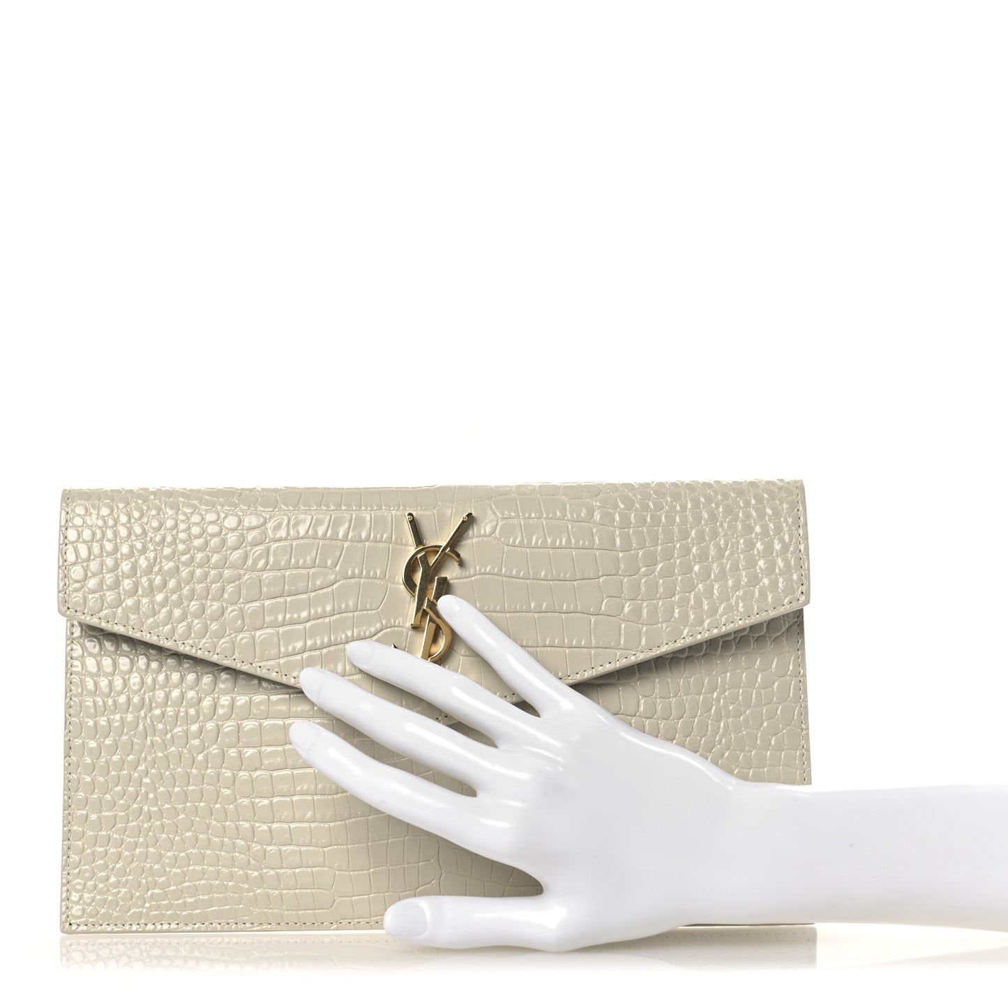 Calfskin Crocodile Embossed Uptown Monogram Pouch Crema Soft