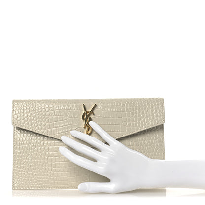 Saint Laurent Calfskin Crocodile Embossed Uptown Monogram Pouch Crema Soft 2 of 7