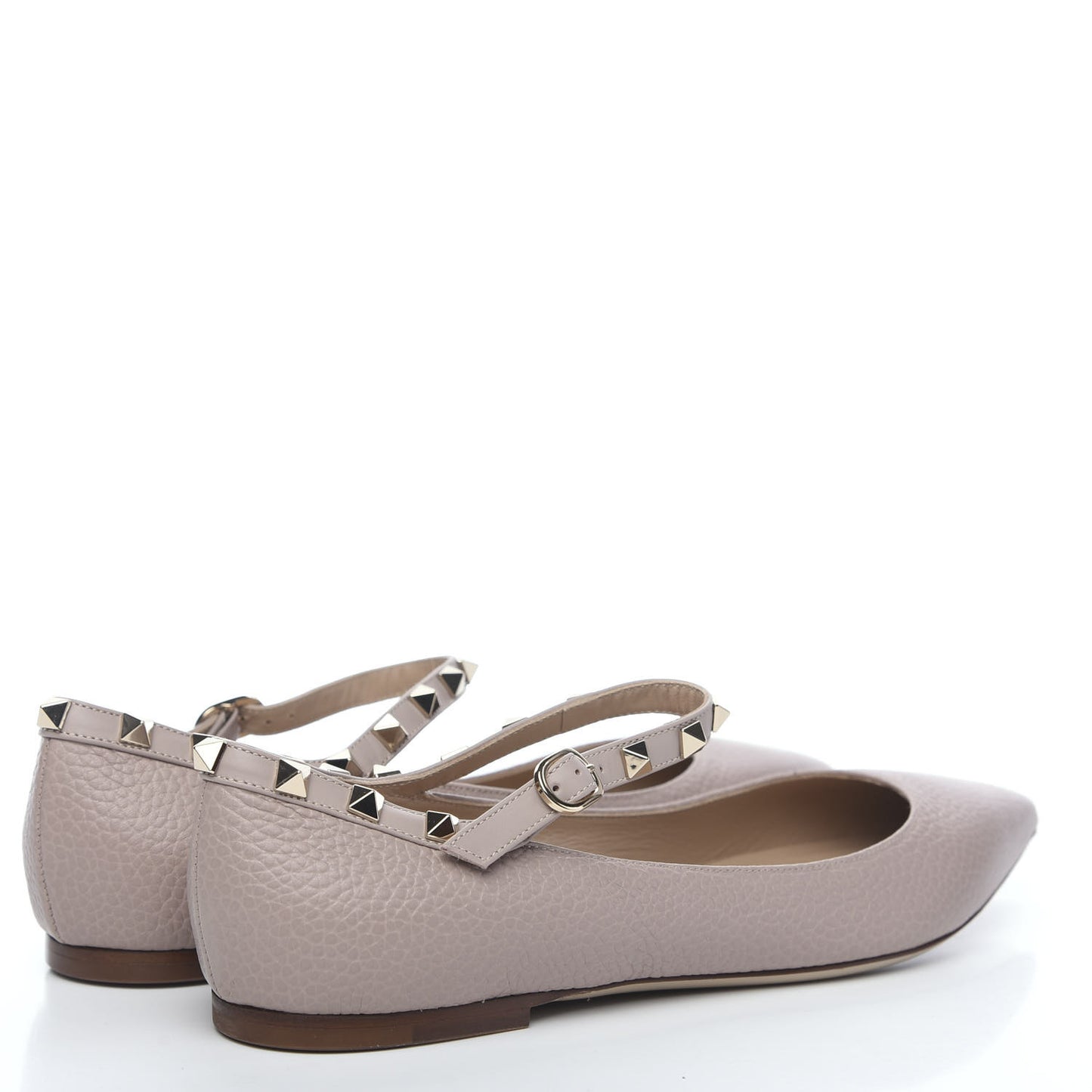 Pebbled Calfskin Rockstud Ankle Strap Ballerina Flats 39.5 Poudre