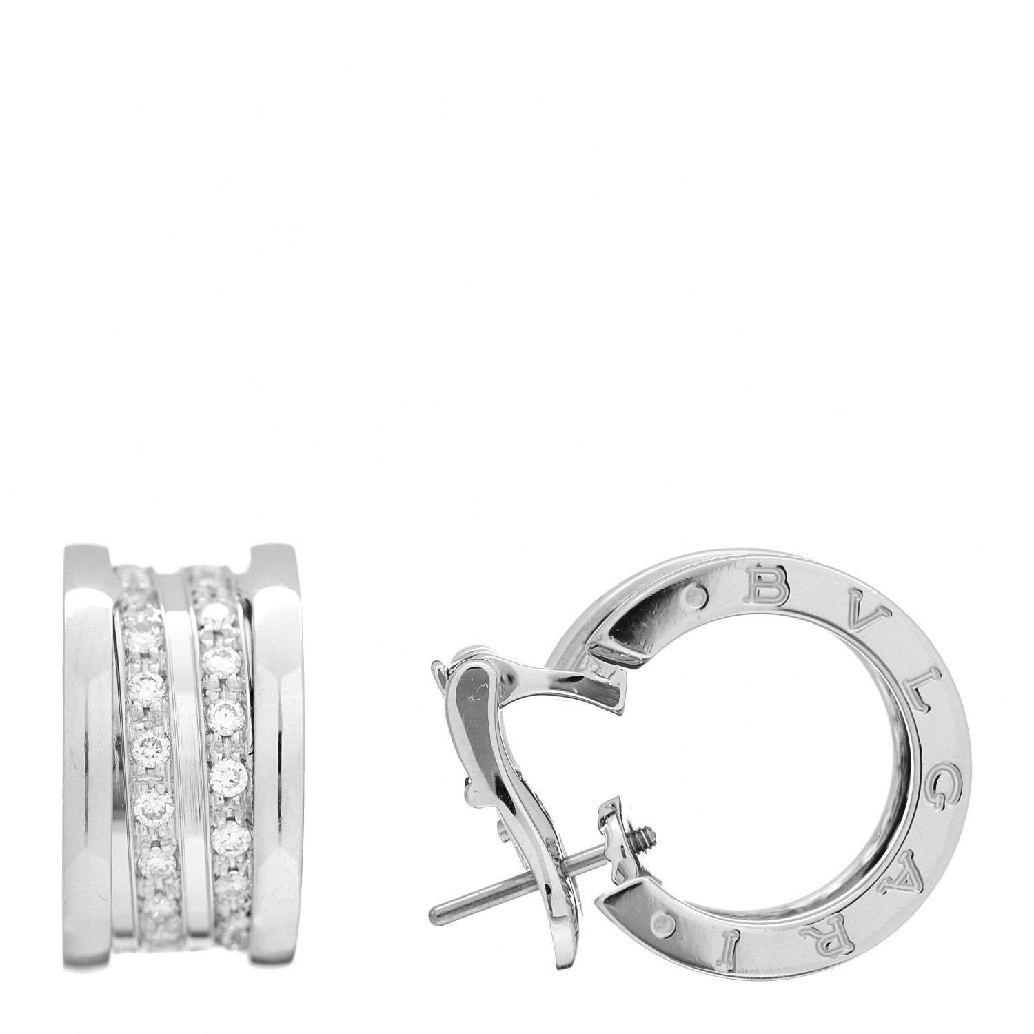 Bulgari 18K White Gold Diamond B.Zero1 Hoop Pave Earrings 1 of 5