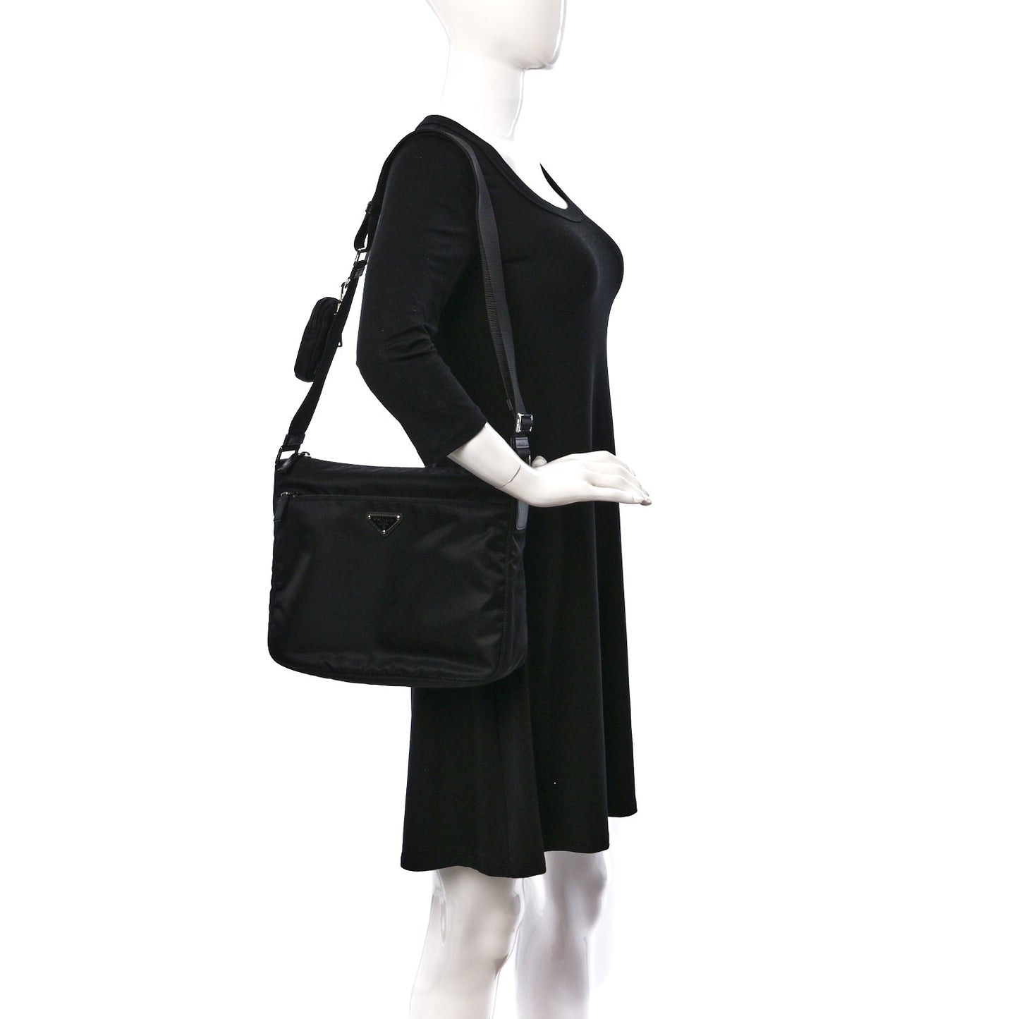 Re-Nylon Vela Saffiano Pocket Double Zip Messenger Bag Black