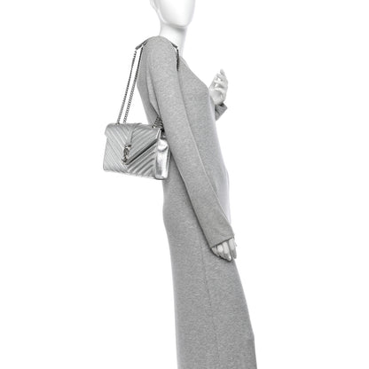 Saint Laurent Metallic Grain De Poudre Matelasse Chevron Medium Monogram Satchel Silver 2 of 14