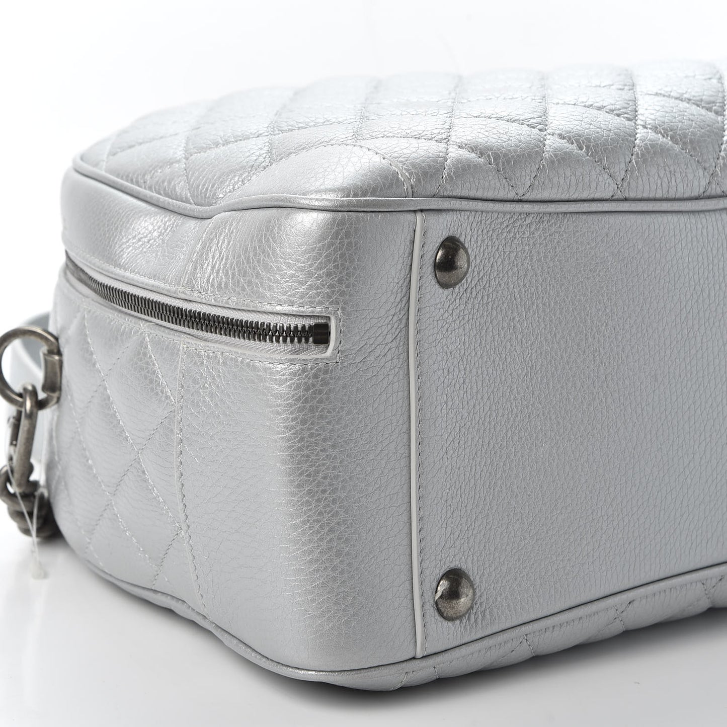 Metallic Calfskin Quilted Medium Airlines Round Trip Bowling Bag Silver
