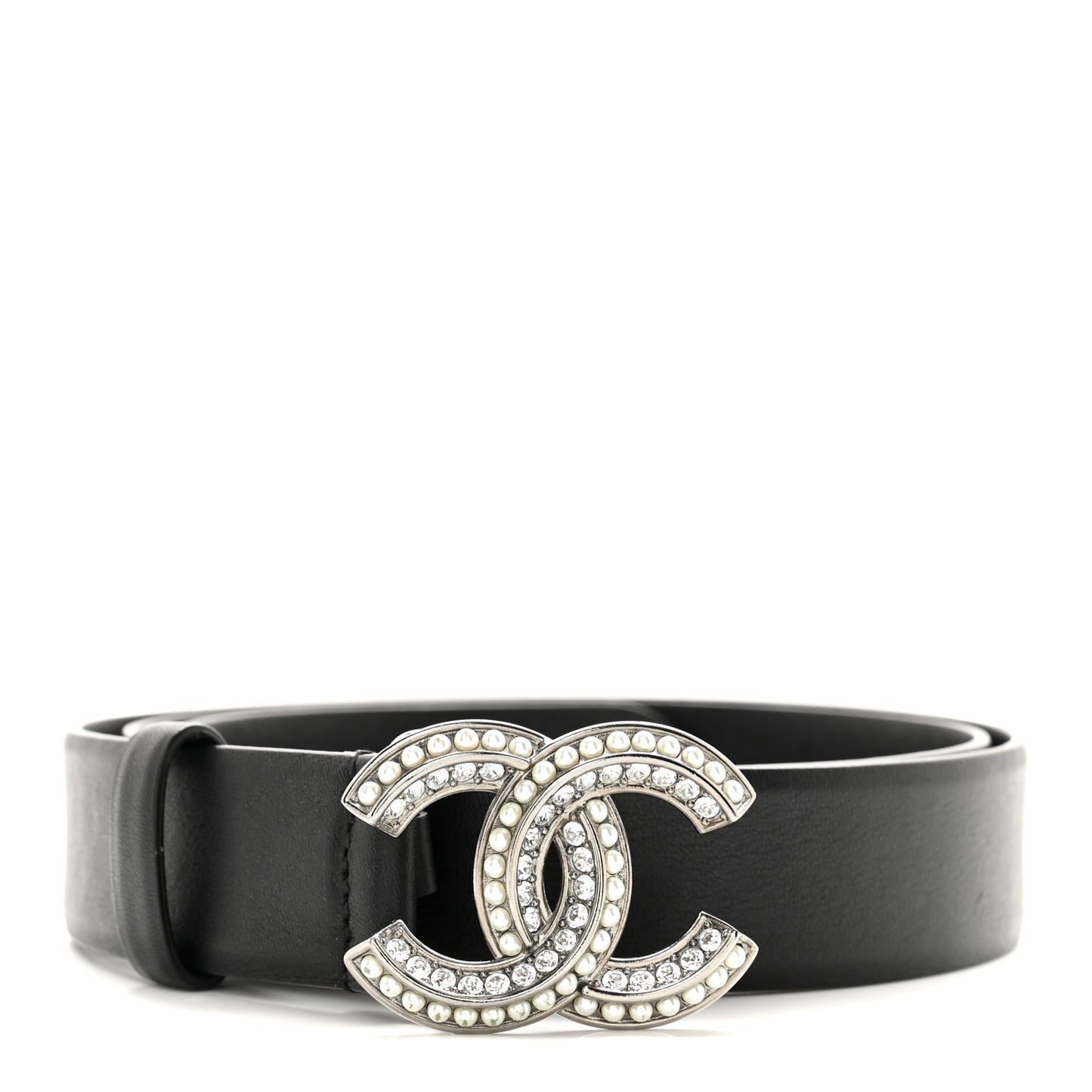 Calfskin Pearl Crystal CC Belt 90 36 Black
