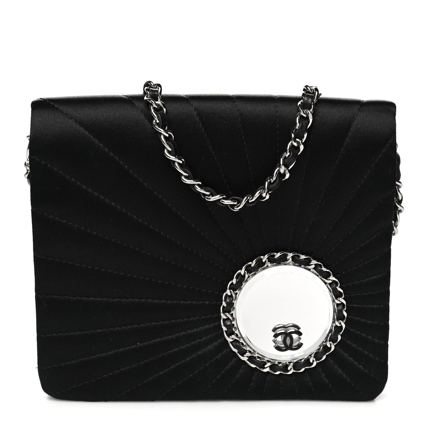 Satin Pleated Chain Embellished Mirror Flap Black