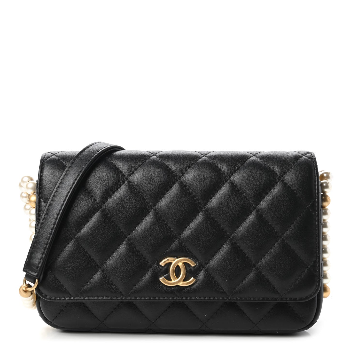 Calfskin Quilted Pearl Wallet On Chain WOC Black