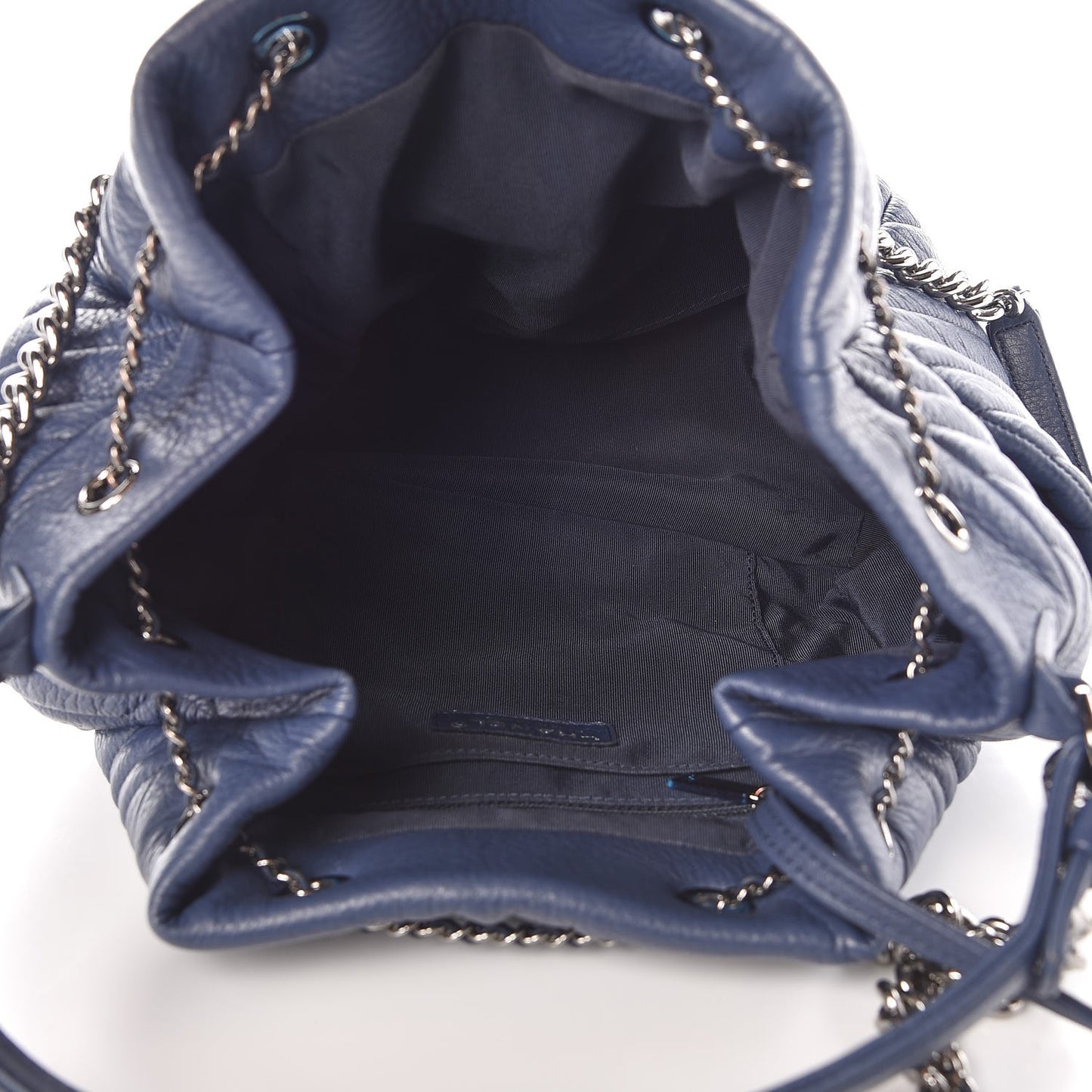 Deerskin Chevron Medium CC Chain Bucket Drawstring Bag Navy Blue