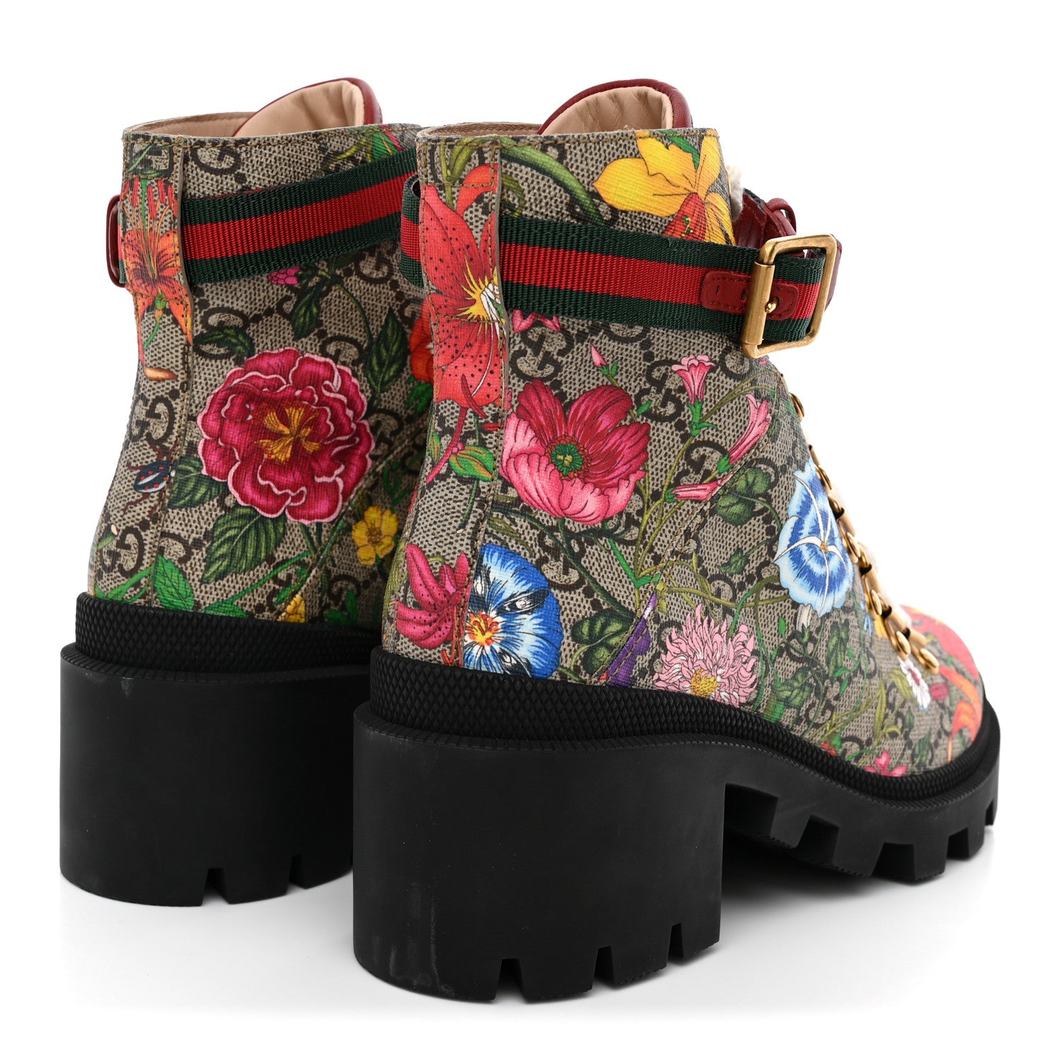Gucci GG Supreme Monogram Flora Lace Up Combat Ankle Boots 36 Beige Multicolor Red 5 of 9