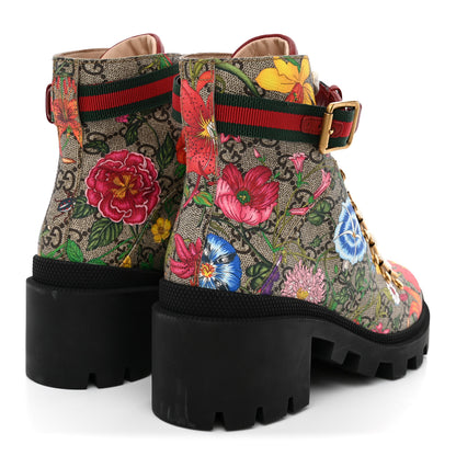 Gucci GG Supreme Monogram Flora Lace Up Combat Ankle Boots 36 Beige Multicolor Red 5 of 9
