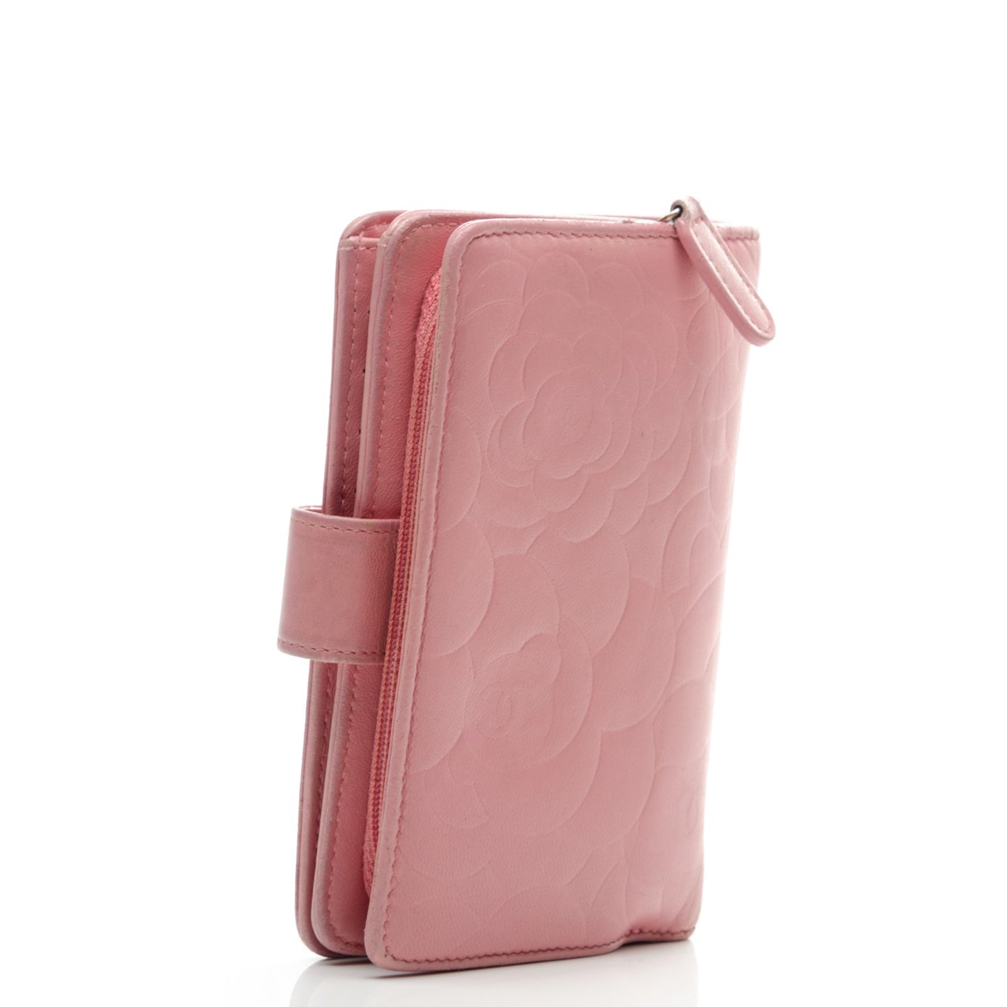 Lambskin Camellia Embossed L-Zip Pocket Wallet Pink