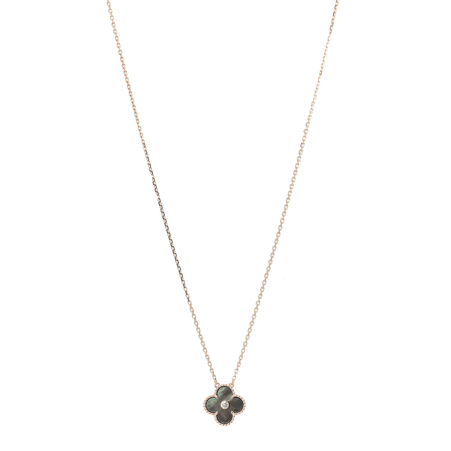 Van Cleef & Arpels 18K Rose Gold Diamond Grey Mother of Pearl Vintage Alhambra Pendant Necklace 1 of 6