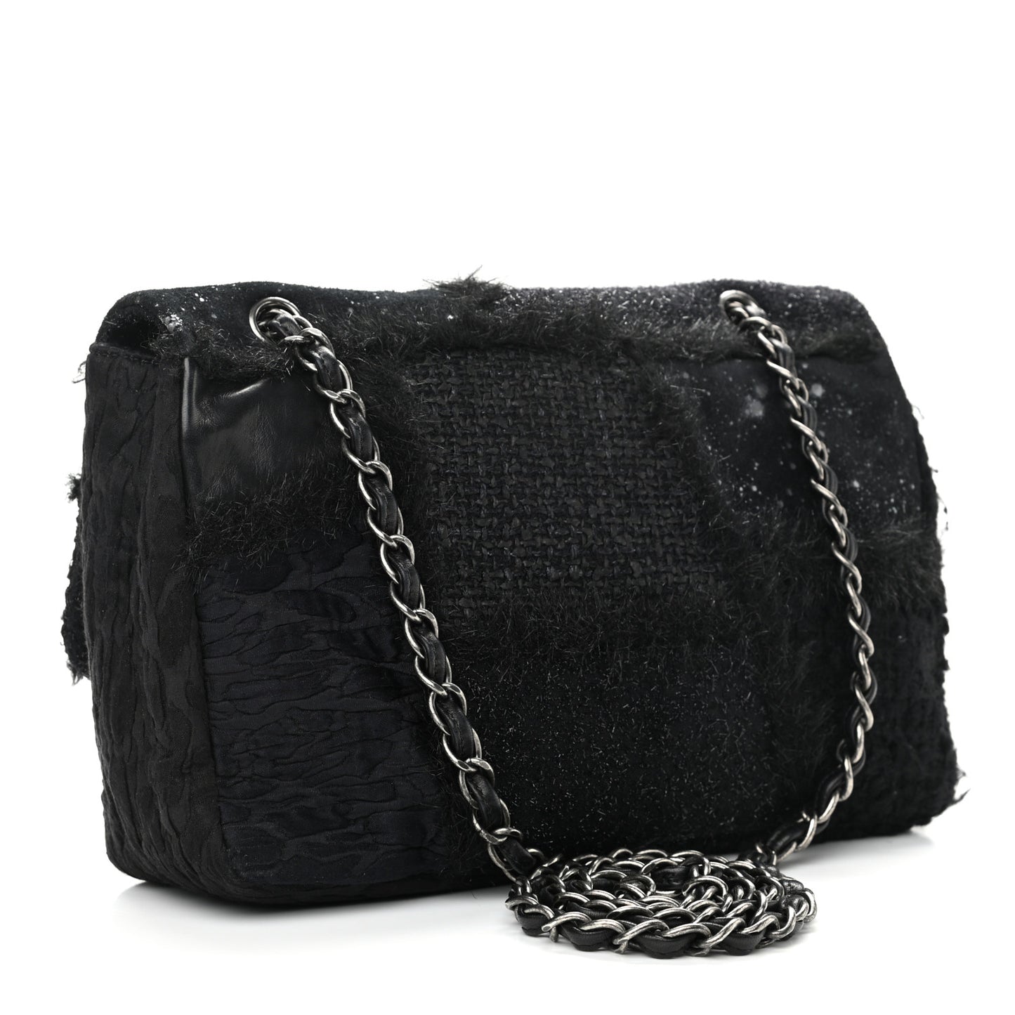 Tweed Faux Fur Patchwork Jumbo Single Flap Black