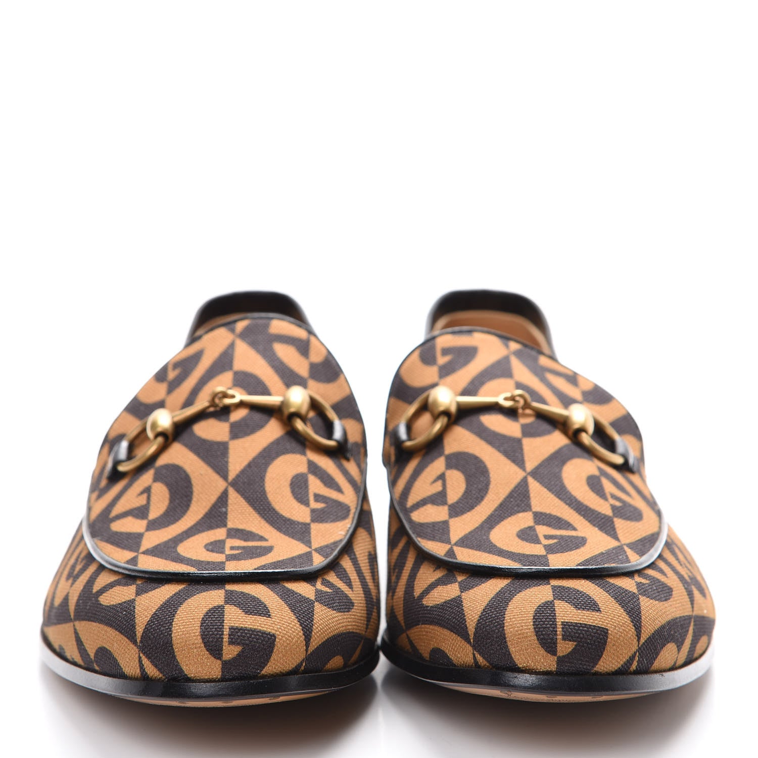 Gucci Canvas Rhombus Horsebit Mens Jordaan Loafers 8 Camel Brown Black 2 of 8