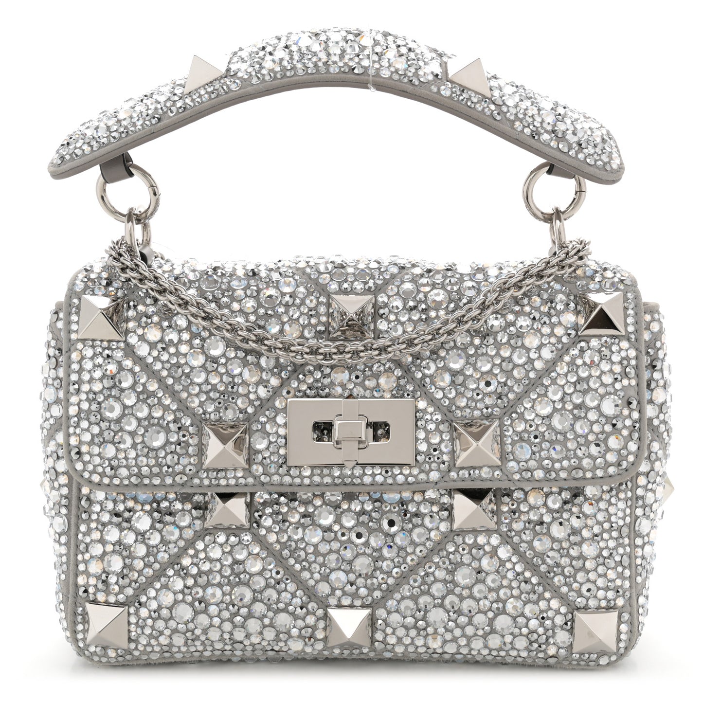 Crystal Suede Enamel Medium Roman Stud Shoulder Bag Silver