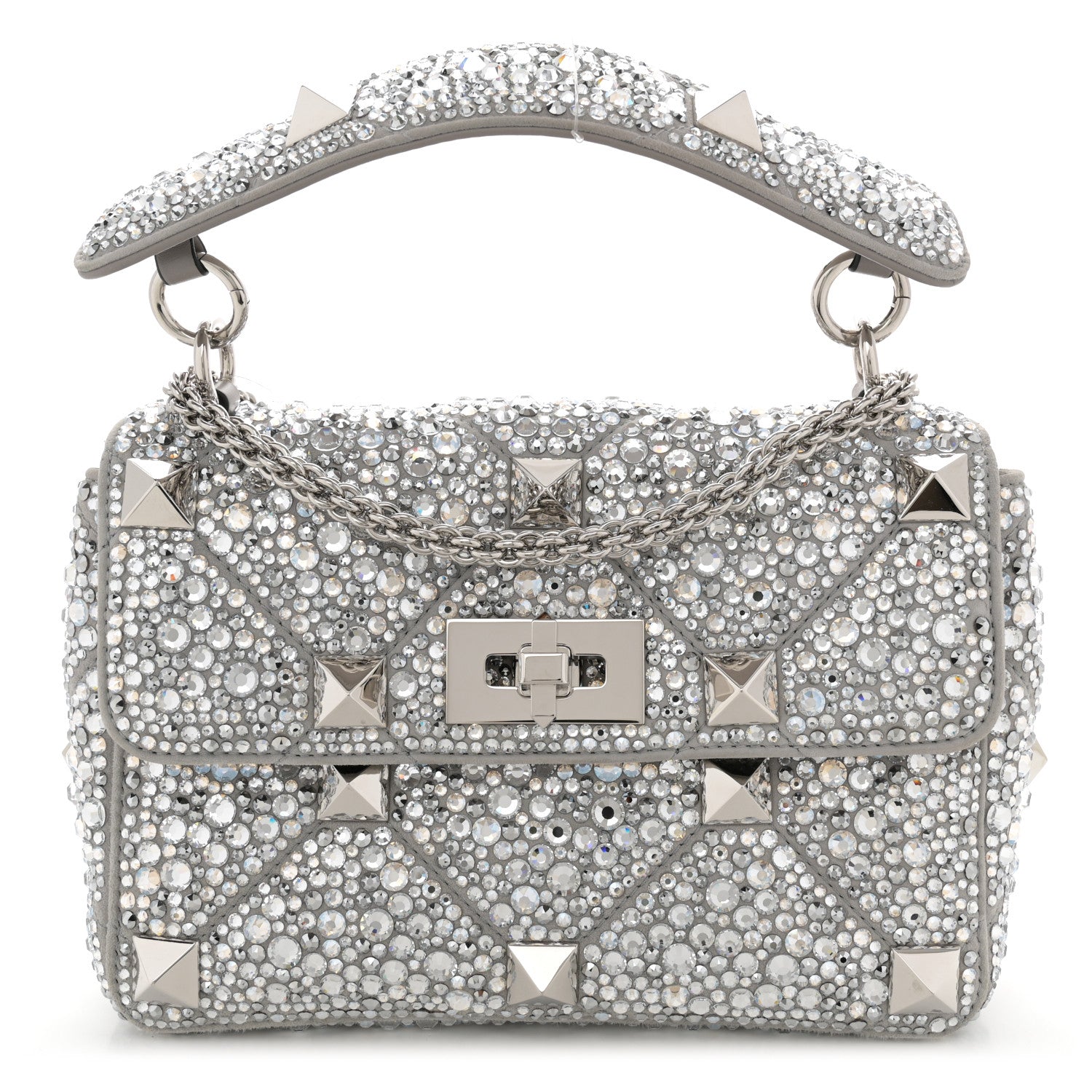 Valentino Garavani Crystal Suede Enamel Medium Roman Stud Shoulder Bag Silver 1 of 10