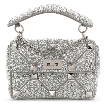 Valentino Garavani Crystal Suede Enamel Medium Roman Stud Shoulder Bag Silver 1 of 10
