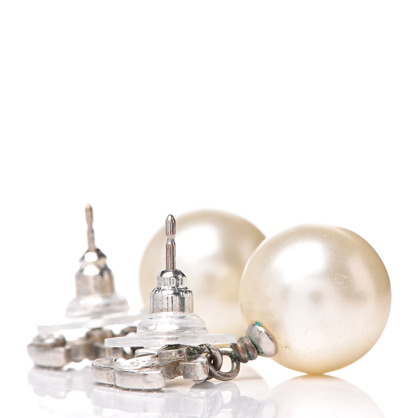 Crystal Pearl CC Drop Earrings Silver