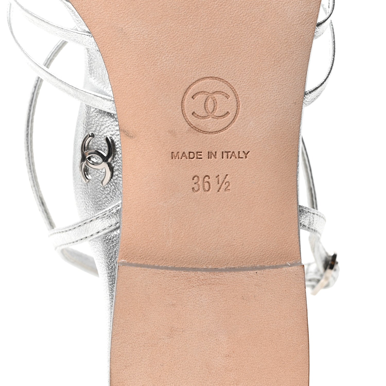 Chanel Laminated Lambskin CC Sandals 36.5 Silver 7 of 9