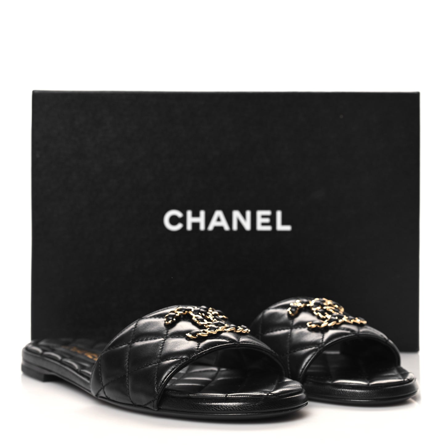 Shiny Goatskin Quilted CC Mules Sandals 37 Black