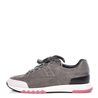Hermes Velvet Goatskin Calfskin Womens Trail Sneakers 39.5 Gris Tenorite Blanc 1 of 13