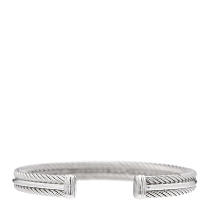 David Yurman Sterling Silver 14K White Gold Diamond 7mm Cable Classics Cuff Bracelet 3 of 5