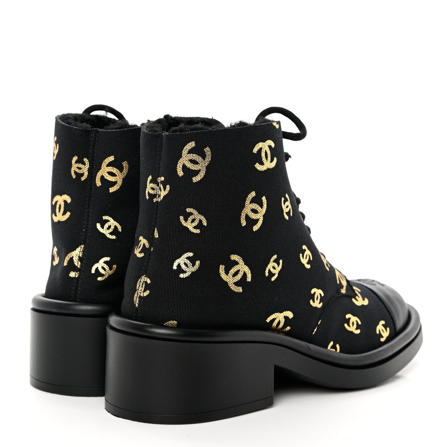 Chanel Lambskin Shearling Canvas CC Lace Up Boots 39.5 Black Gold 4 of 9