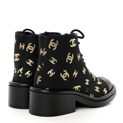 Chanel Lambskin Shearling Canvas CC Lace Up Boots 39.5 Black Gold 4 of 9