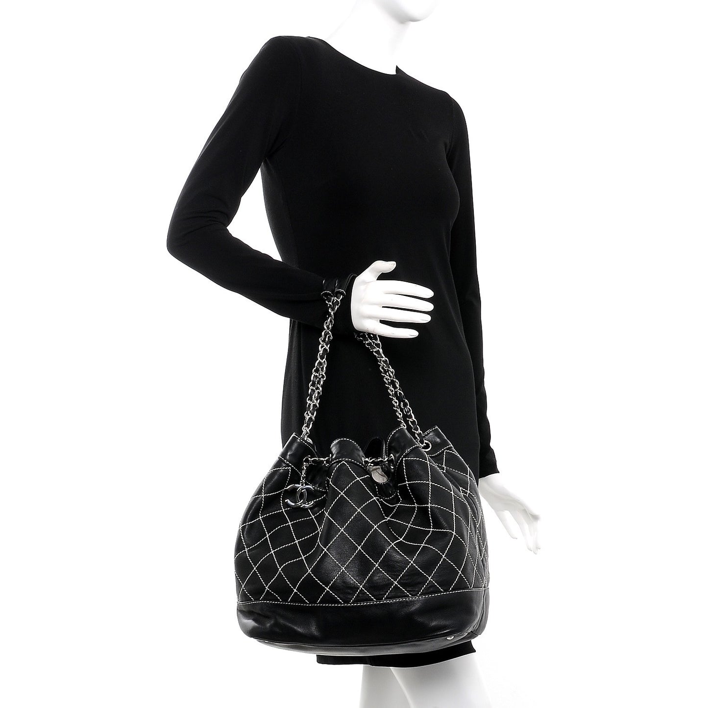 Lambskin Contrast Stitch Large Drawstring Tote Black