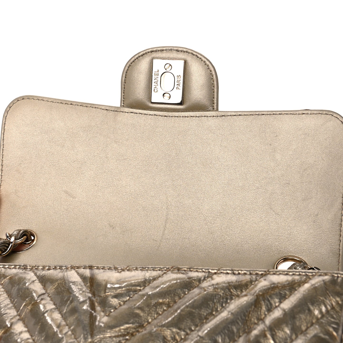 Patent Metallic Crumpled Calfskin Chevron Quilted Mini Rectangular Flap Gold