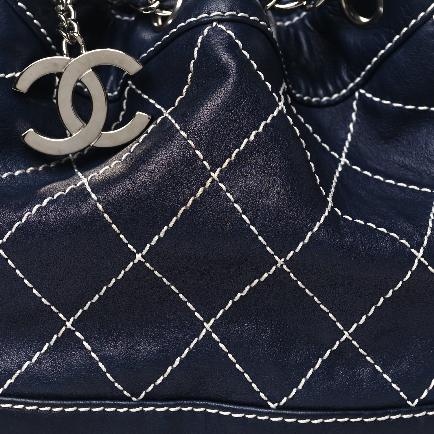 Chanel Lambskin Contrast Stitch Small Drawstring Tote Navy 8 of 13