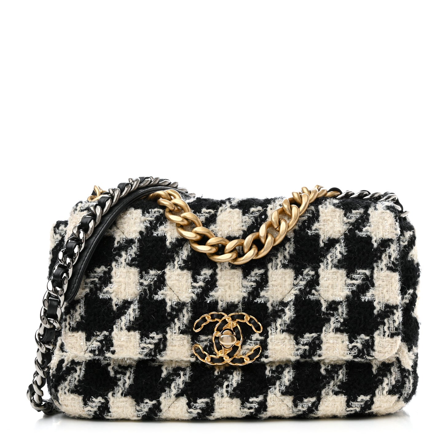 Tweed Quilted Medium Chanel 19 Flap Black Ecru White