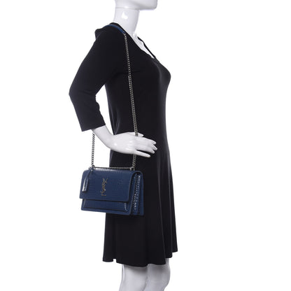 Saint Laurent Calfskin Crocodile Embossed Medium Monogram Sunset Denim 2 of 9