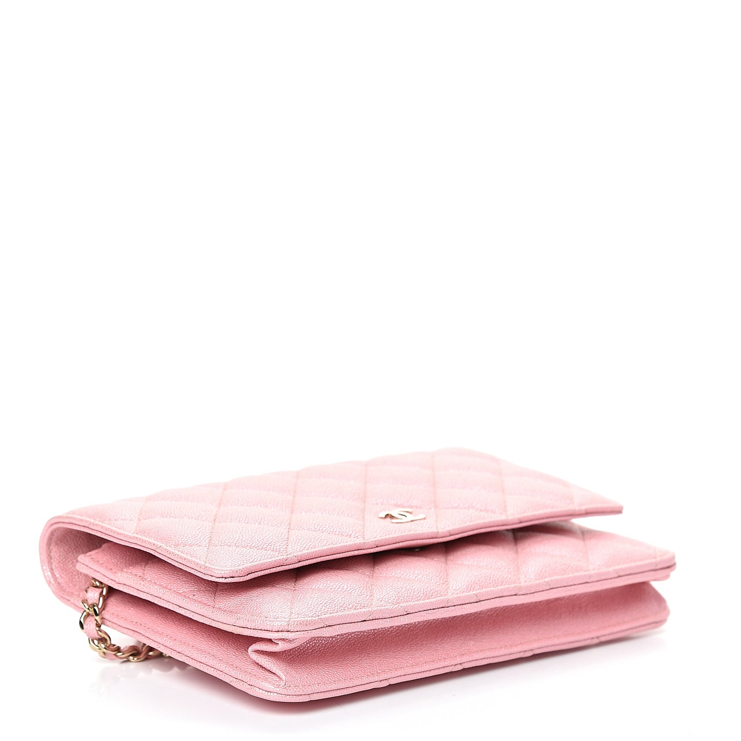 Iridescent Caviar Quilted Wallet on Chain WOC Rose Pink