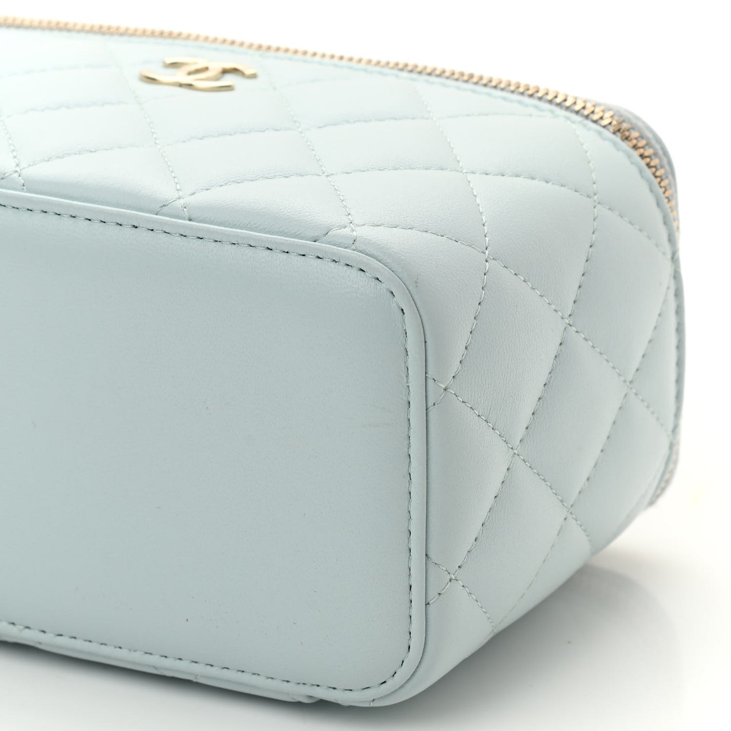 Lambskin Quilted Small Top Handle Vanity Case With Chain Light Blue