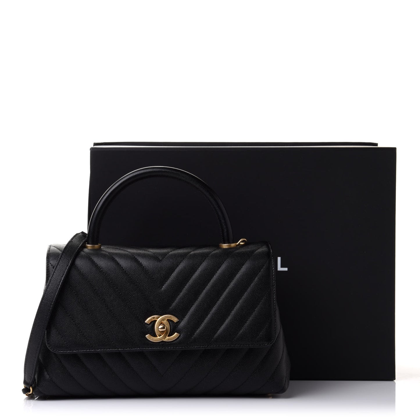 Caviar Chevron Quilted Small Coco Handle Flap Black