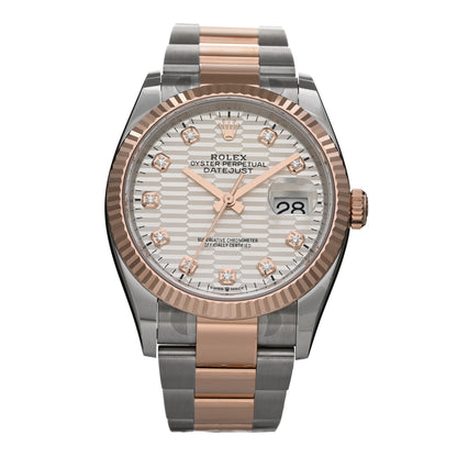 Rolex Stainless Steel 18K Everose Gold Diamond 36mm Oyster Perpetual Datejust Watch Silver Fluted 126231 1 of 5