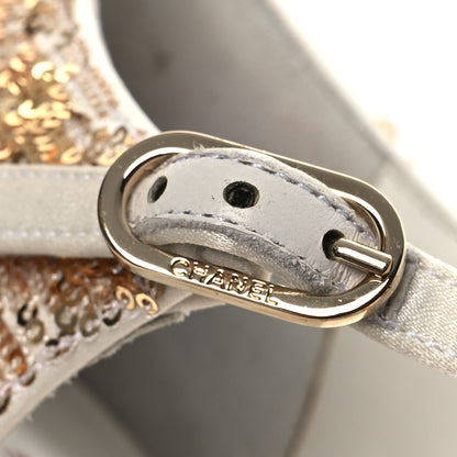 Chanel Metallic Sequin Peep Toe Pumps 37.5 Light Gold White 12 of 14