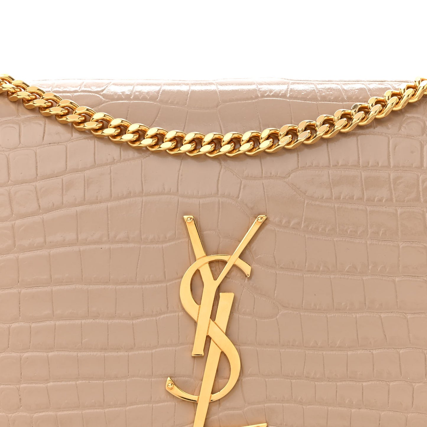 Calfskin Crocodile Embossed Medium Classic Monogram Kate Tassel Satchel Dark Beige