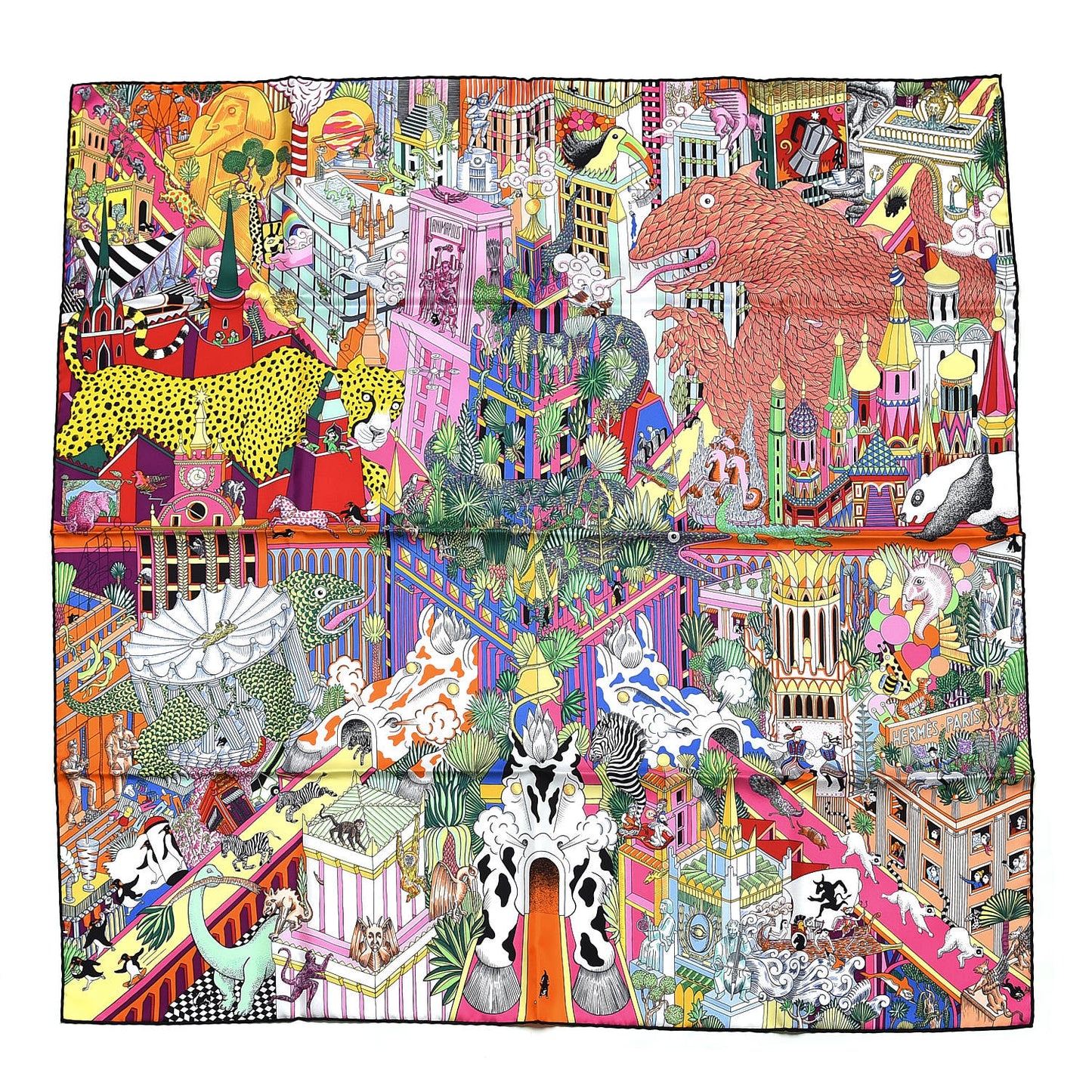 Silk Animapolis Scarf 90 Jaune Vif Vert Rose