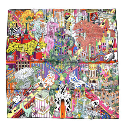Hermes Silk Animapolis Scarf 90 Jaune Vif Vert Rose 1 of 6
