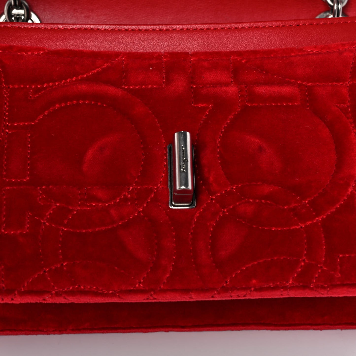 Velvet Quilted Gancini Flap Bag Red