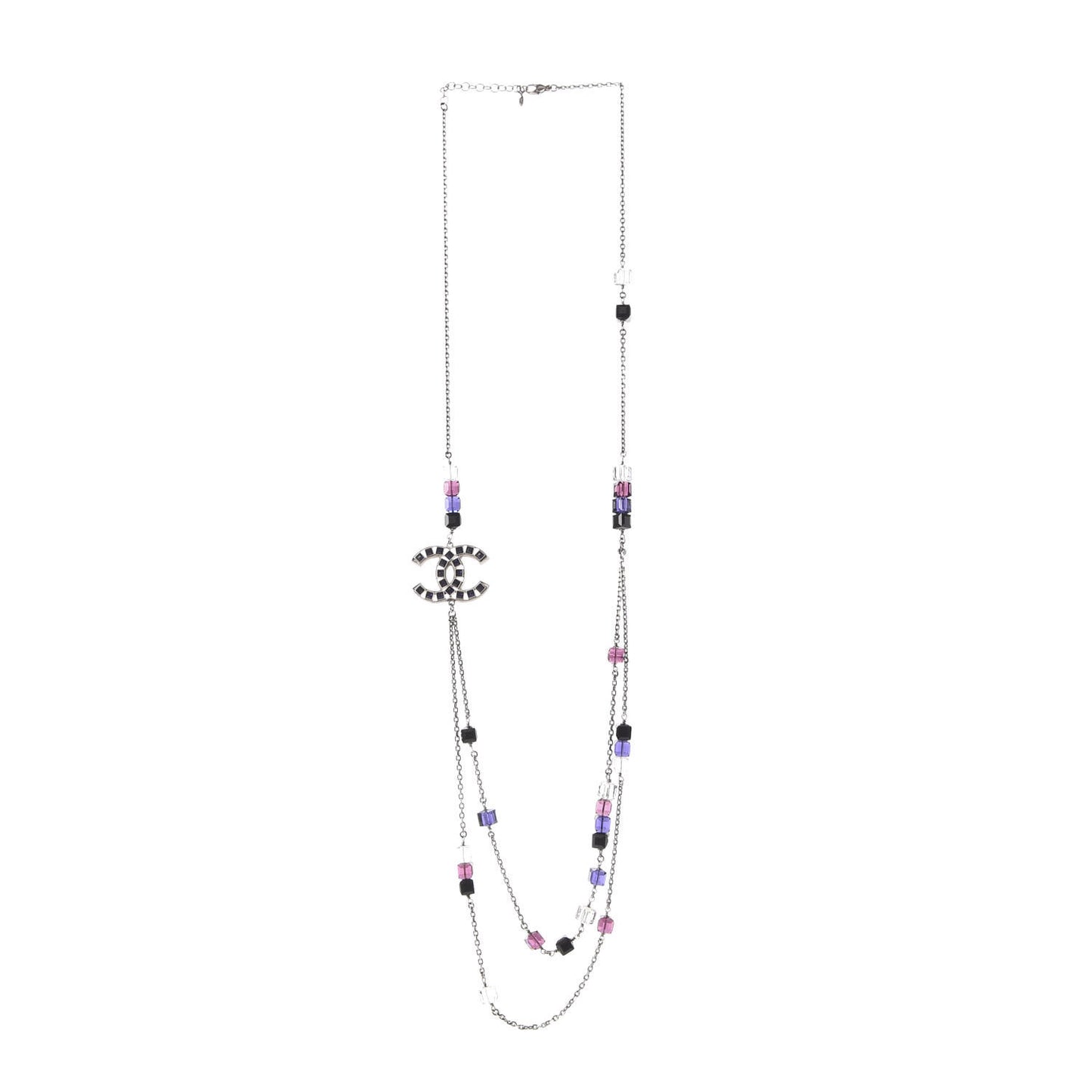 Glass Enamel CC Long Necklace Silver Purple Emerald